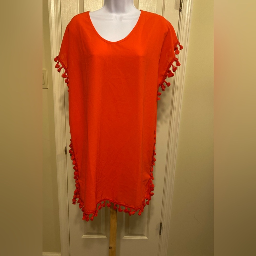 YINCRA - Vibrant Orange Tassel Trim Beach Cover-up, Size: L